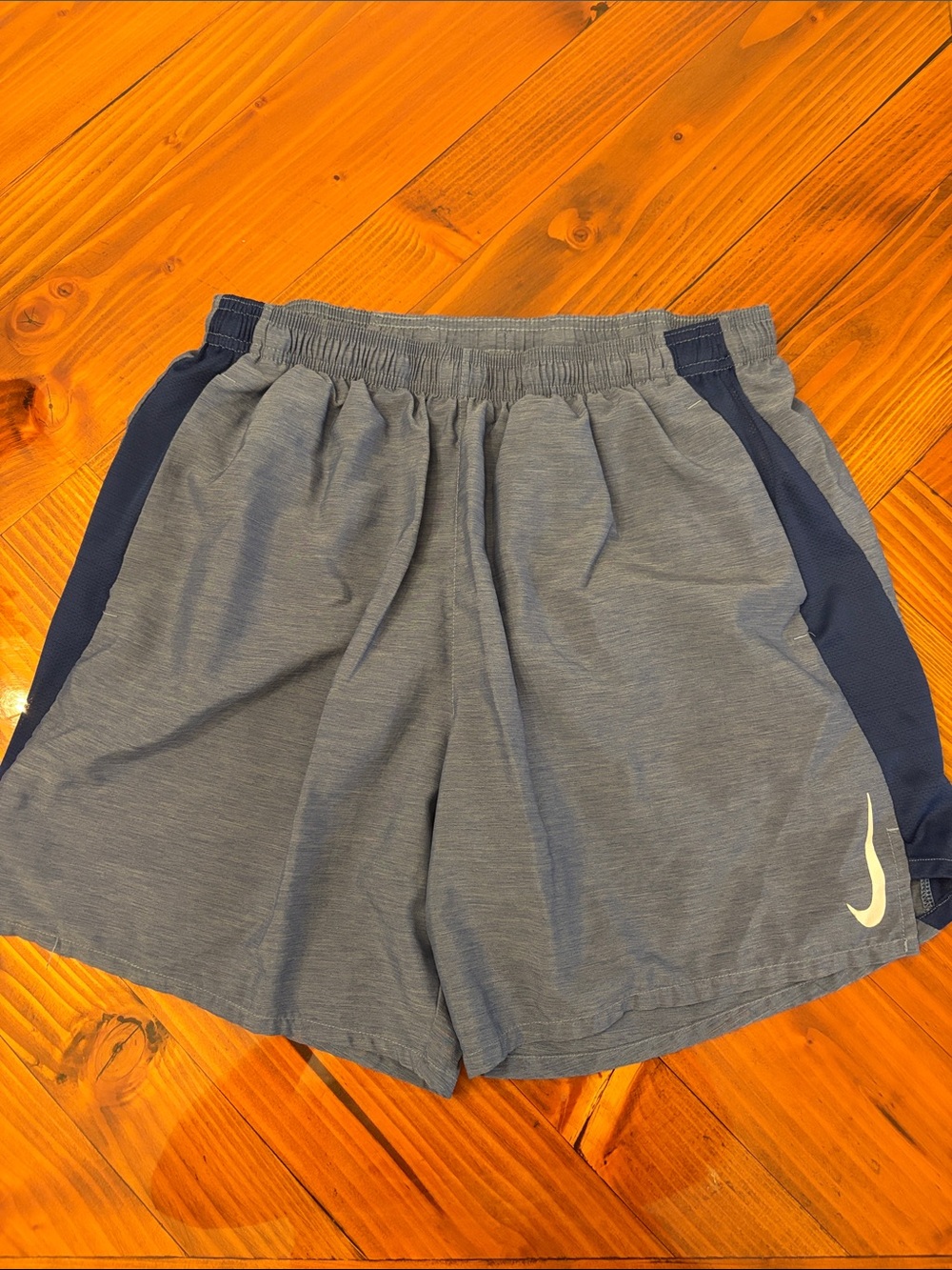 Nike Gray Shorts with Navy Side Panels and White Swoosh